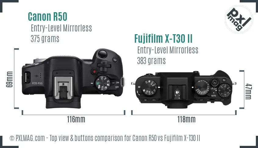 Canon R50 vs Fujifilm X-T30 II top view buttons comparison