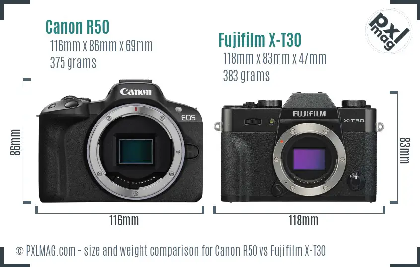 Canon R50 vs Fujifilm X-T30 size comparison