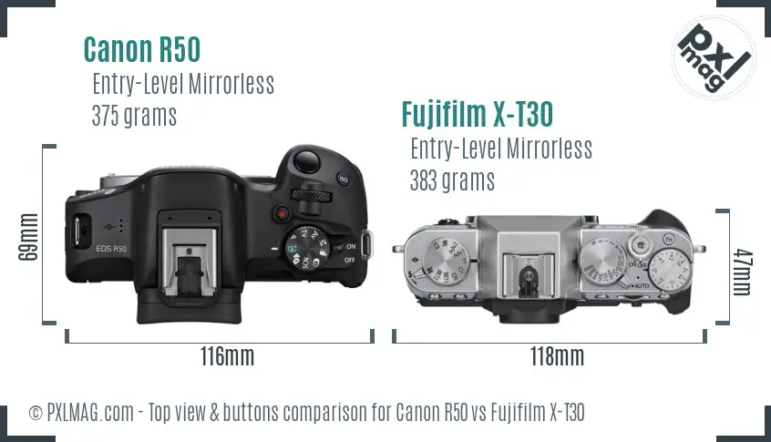 Canon R50 vs Fujifilm X-T30 top view buttons comparison