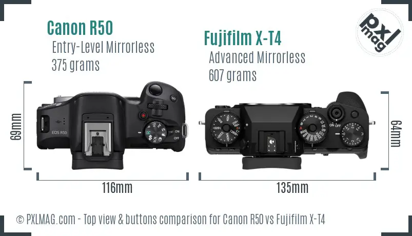 Canon R50 vs Fujifilm X-T4 top view buttons comparison