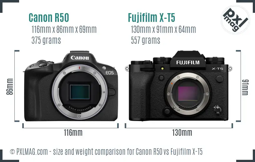 Canon R50 vs Fujifilm X-T5 size comparison