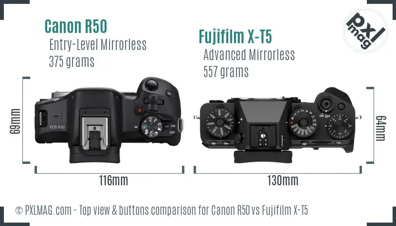 Canon R50 vs Fujifilm X-T5 top view buttons comparison