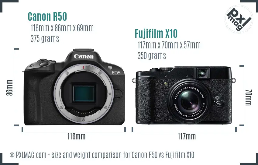 Canon R50 vs Fujifilm X10 size comparison Canon R50 vs Fujifilm X10 size comparison