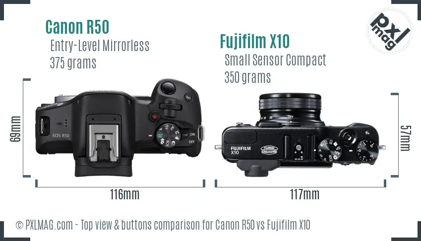 Canon R50 vs Fujifilm X10 top view buttons comparison Canon R50 vs Fujifilm X10 top view buttons comparison