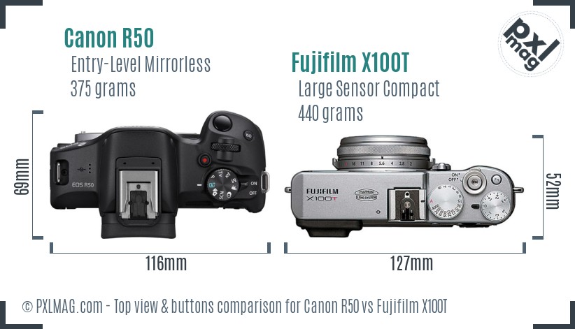 Canon R50 vs Fujifilm X100T top view buttons comparison