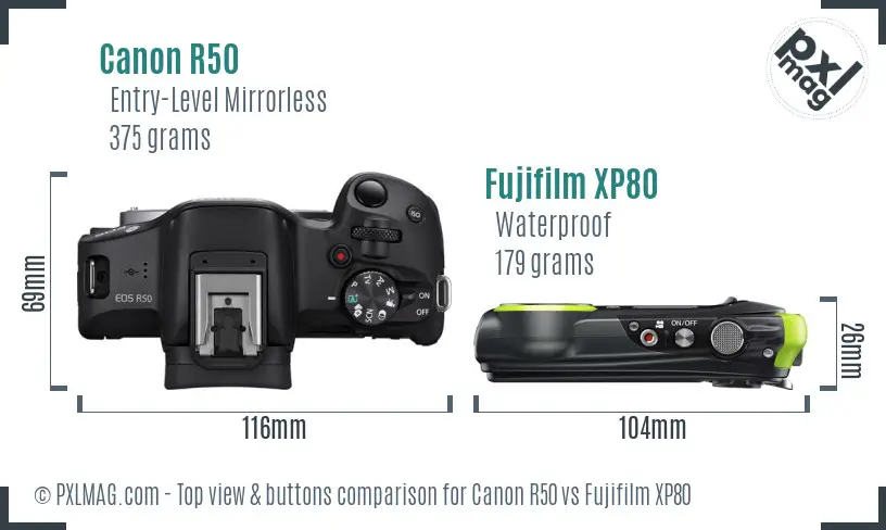 Canon R50 vs Fujifilm XP80 top view buttons comparison Canon R50 vs Fujifilm XP80 top view buttons comparison