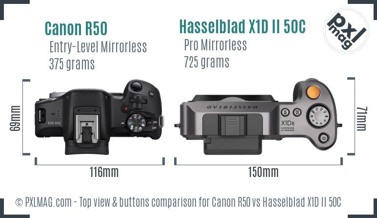 Canon R50 vs Hasselblad X1D II 50C top view buttons comparison