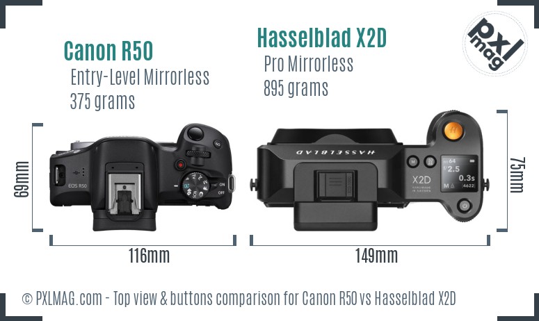 Canon R50 vs Hasselblad X2D top view buttons comparison