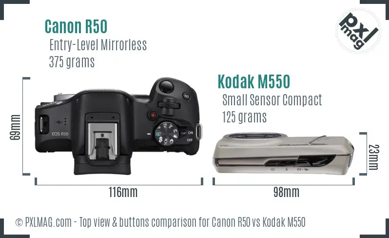 Canon R50 vs Kodak M550 top view buttons comparison Canon R50 vs Kodak M550 top view buttons comparison