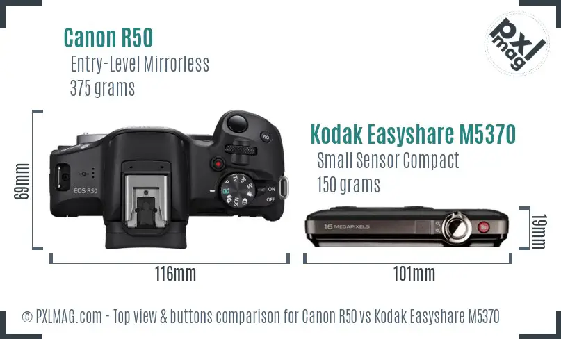 Canon R50 vs Kodak Easyshare M5370 top view buttons comparison Canon R50 vs Kodak Easyshare M5370 top view buttons comparison