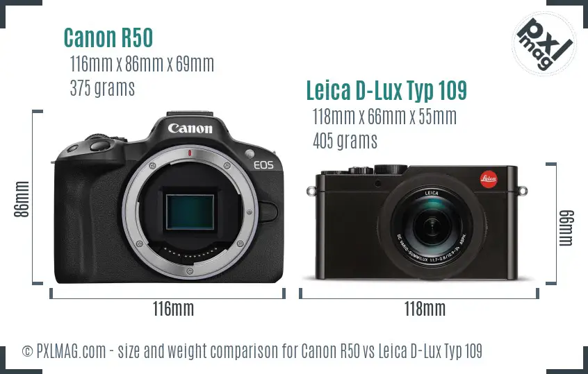 Canon R50 vs Leica D-Lux Typ 109 size comparison Canon R50 vs Leica D-Lux Typ 109 size comparison