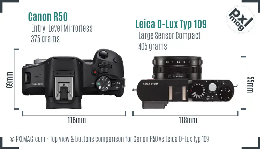 Canon R50 vs Leica D-Lux Typ 109 top view buttons comparison Canon R50 vs Leica D-Lux Typ 109 top view buttons comparison