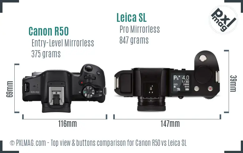 Canon R50 vs Leica SL top view buttons comparison Canon R50 vs Leica SL top view buttons comparison