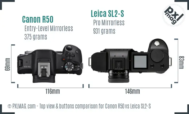 Canon R50 vs Leica SL2-S top view buttons comparison