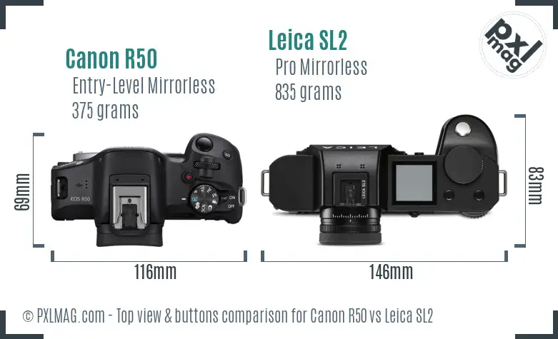 Canon R50 vs Leica SL2 top view buttons comparison