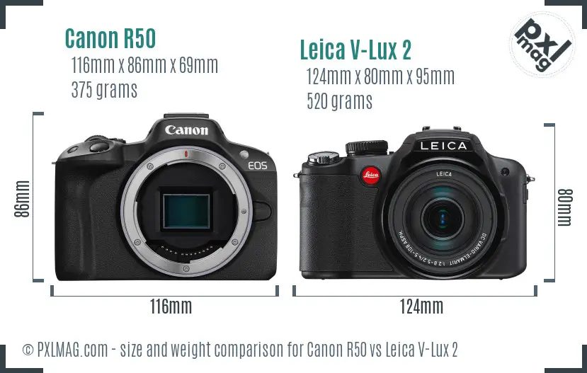 Canon R50 vs Leica V-Lux 2 size comparison Canon R50 vs Leica V-Lux 2 size comparison
