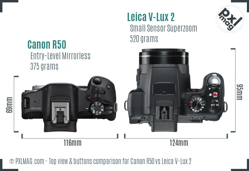 Canon R50 vs Leica V-Lux 2 top view buttons comparison Canon R50 vs Leica V-Lux 2 top view buttons comparison