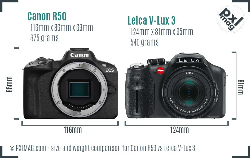 Canon R50 vs Leica V-Lux 3 size comparison Canon R50 vs Leica V-Lux 3 size comparison