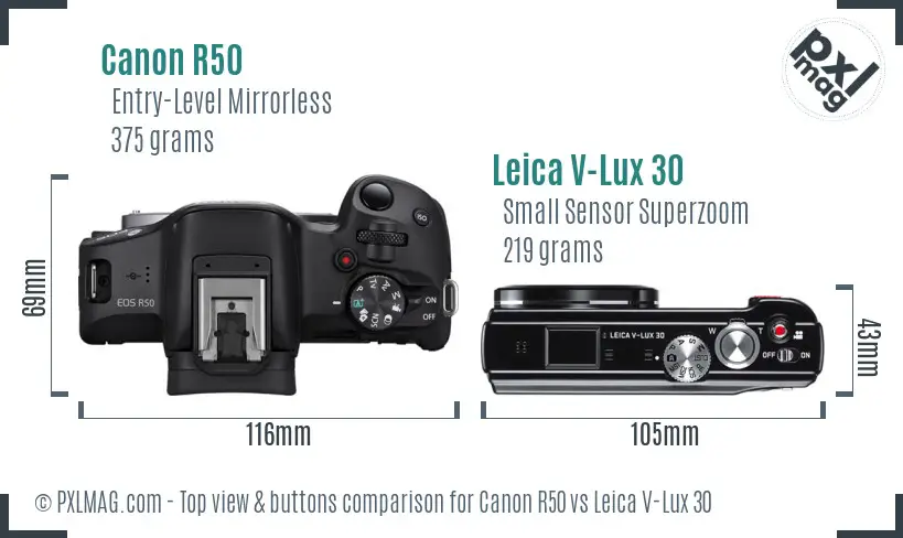 Canon R50 vs Leica V-Lux 30 top view buttons comparison Canon R50 vs Leica V-Lux 30 top view buttons comparison