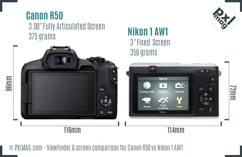 Canon R50 vs Nikon 1 AW1 Screen and Viewfinder comparison