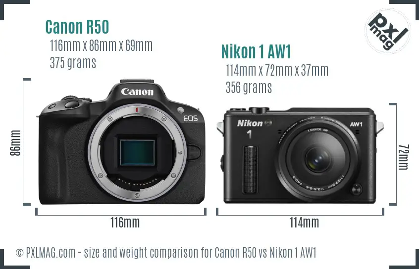 Canon R50 vs Nikon 1 AW1 size comparison