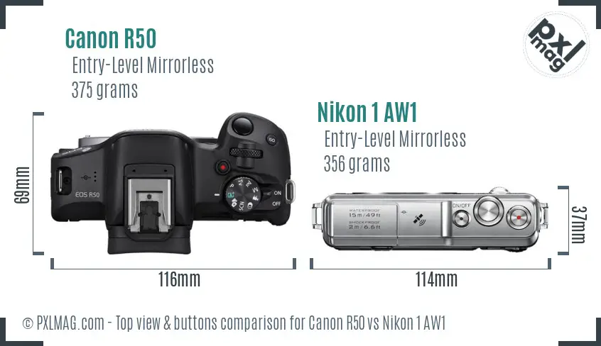 Canon R50 vs Nikon 1 AW1 top view buttons comparison