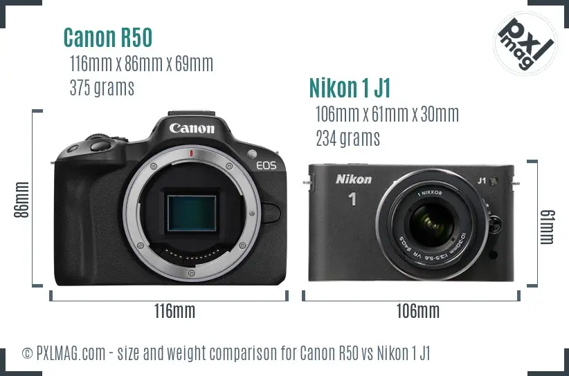 Canon R50 vs Nikon 1 J1 size comparison