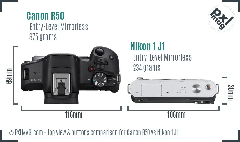Canon R50 vs Nikon 1 J1 top view buttons comparison