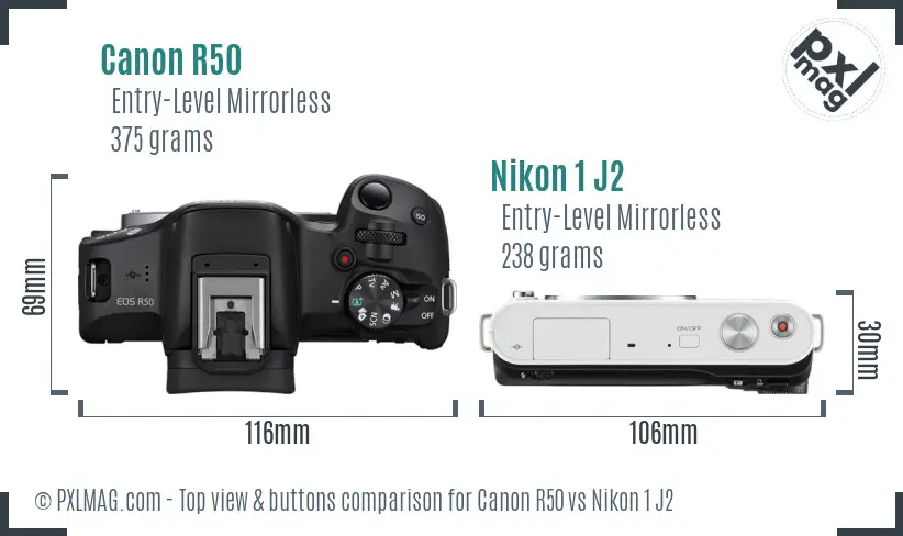 Canon R50 vs Nikon 1 J2 top view buttons comparison