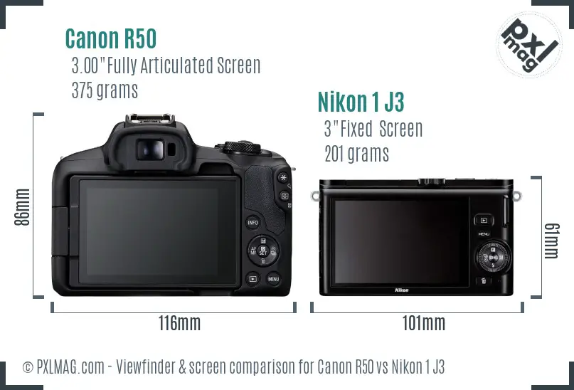 Canon R50 vs Nikon 1 J3 Screen and Viewfinder comparison