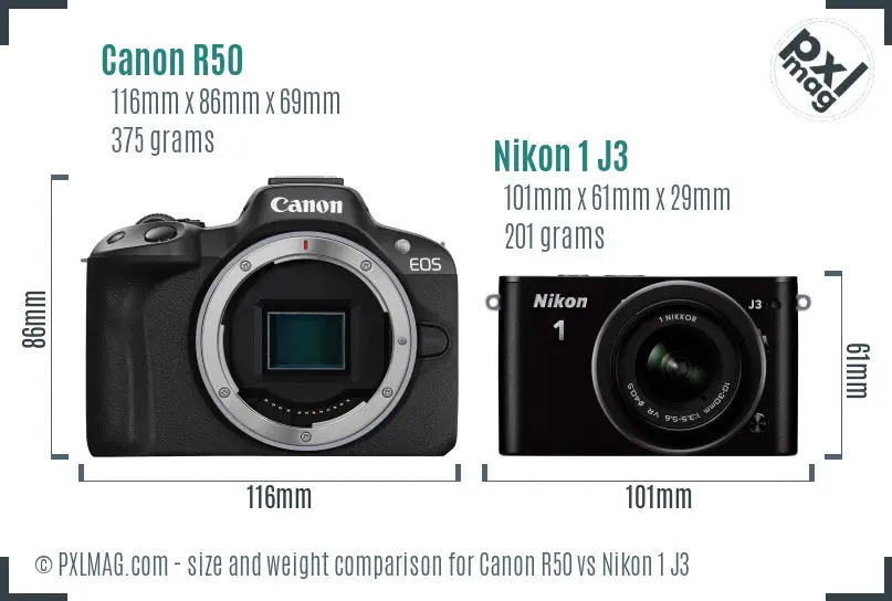 Canon R50 vs Nikon 1 J3 size comparison