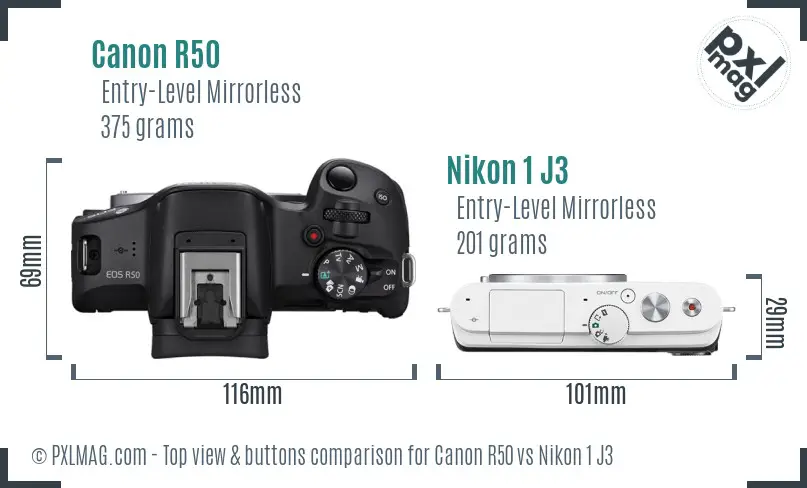 Canon R50 vs Nikon 1 J3 top view buttons comparison