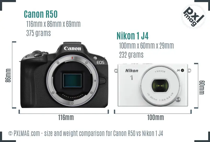 Canon R50 vs Nikon 1 J4 size comparison