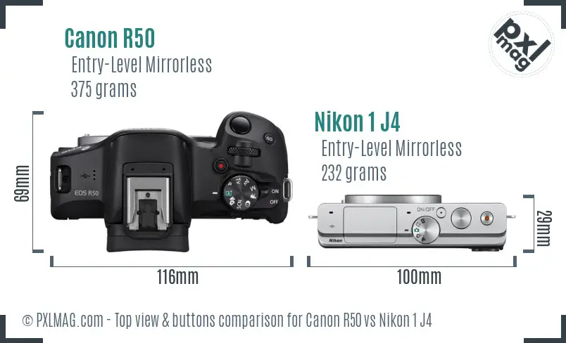 Canon R50 vs Nikon 1 J4 top view buttons comparison
