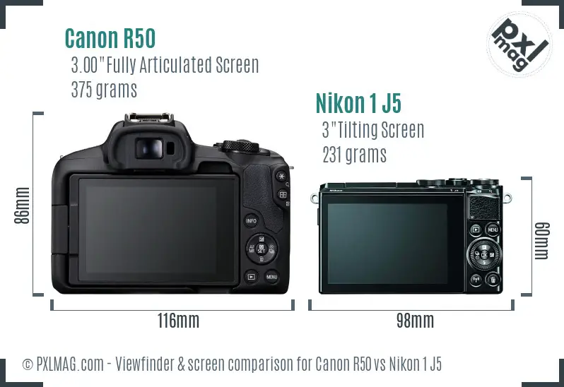 Canon R50 vs Nikon 1 J5 Screen and Viewfinder comparison