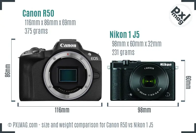 Canon R50 vs Nikon 1 J5 size comparison