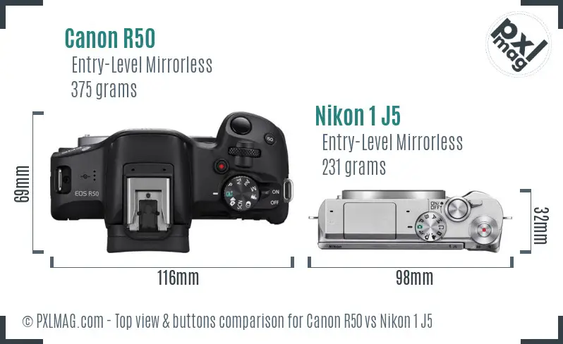 Canon R50 vs Nikon 1 J5 top view buttons comparison