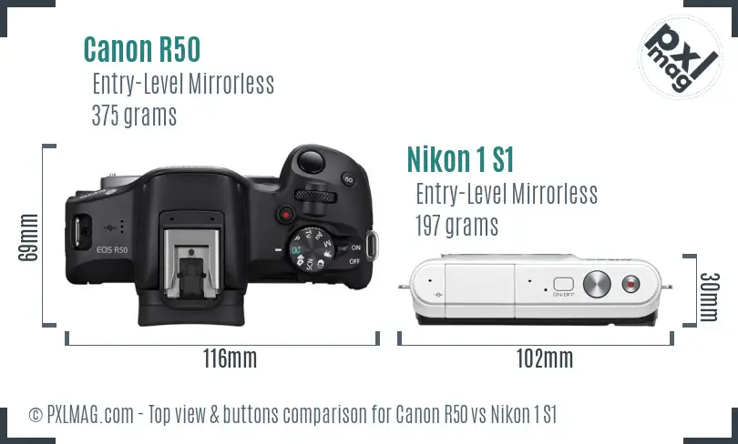 Canon R50 vs Nikon 1 S1 top view buttons comparison