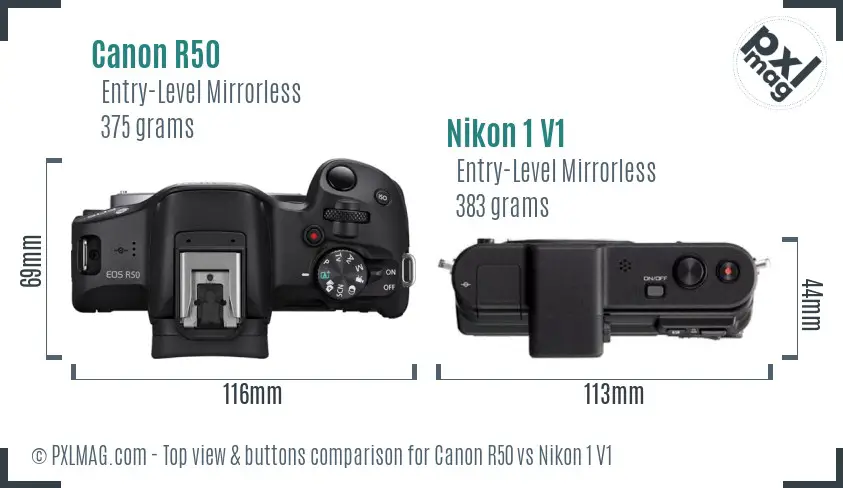 Canon R50 vs Nikon 1 V1 top view buttons comparison