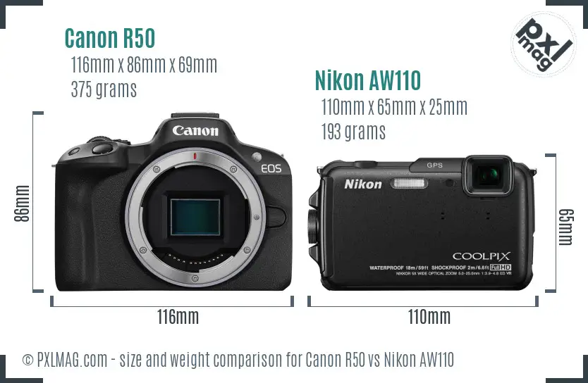 Canon R50 vs Nikon AW110 size comparison Canon R50 vs Nikon AW110 size comparison