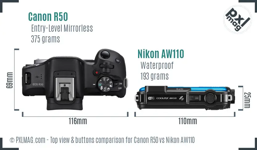 Canon R50 vs Nikon AW110 top view buttons comparison Canon R50 vs Nikon AW110 top view buttons comparison