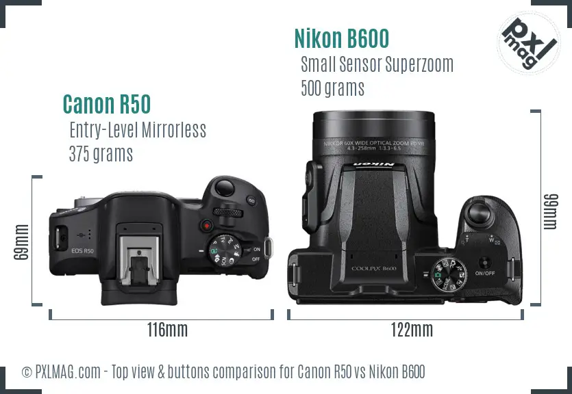 Canon R50 vs Nikon B600 top view buttons comparison Canon R50 vs Nikon B600 top view buttons comparison