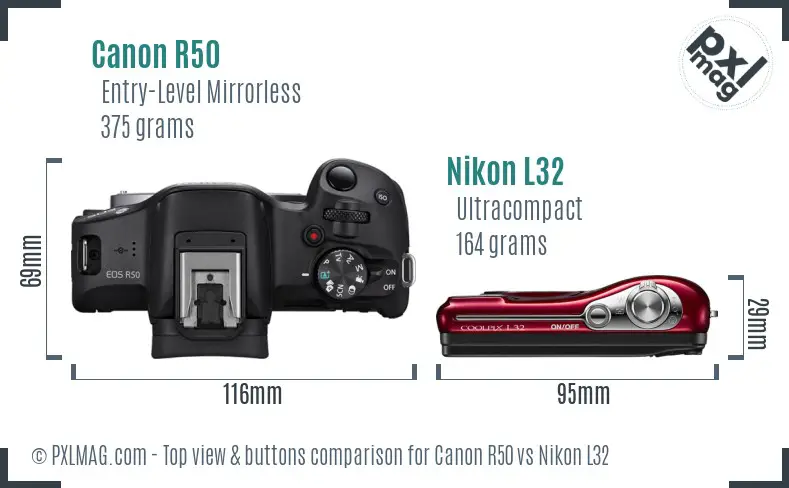 Canon R50 vs Nikon L32 top view buttons comparison Canon R50 vs Nikon L32 top view buttons comparison