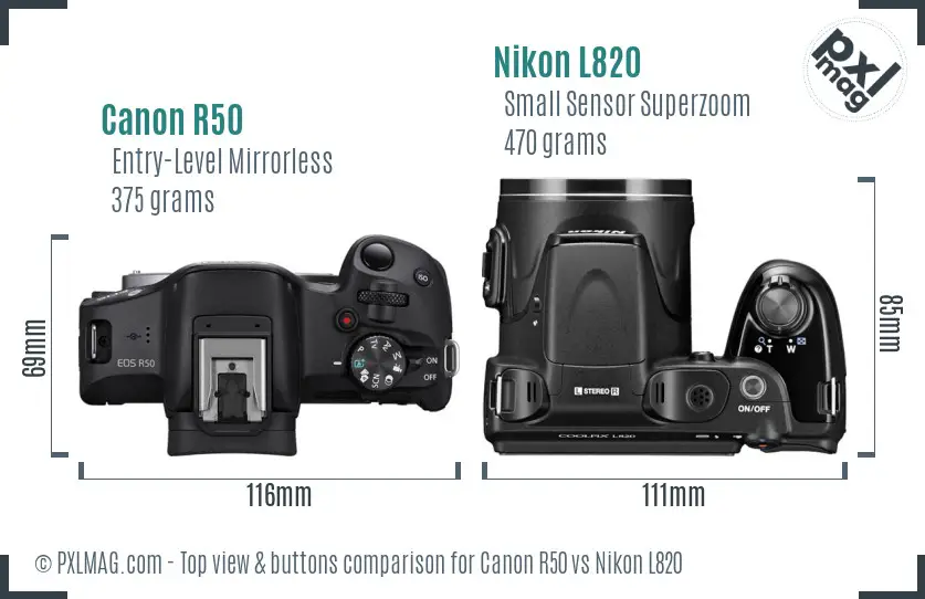 Canon R50 vs Nikon L820 top view buttons comparison Canon R50 vs Nikon L820 top view buttons comparison