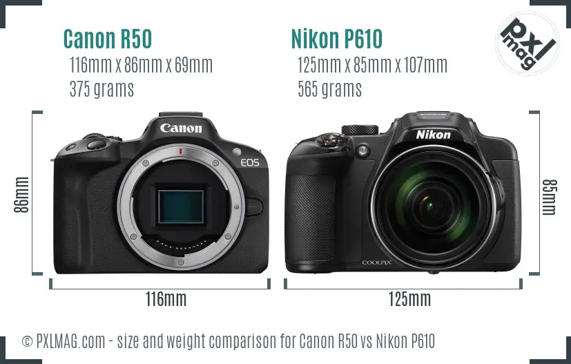 Canon R50 vs Nikon P610 size comparison Canon R50 vs Nikon P610 size comparison
