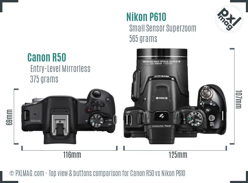 Canon R50 vs Nikon P610 top view buttons comparison Canon R50 vs Nikon P610 top view buttons comparison