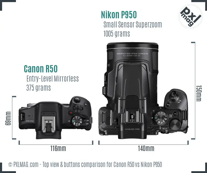 Canon R50 vs Nikon P950 top view buttons comparison Canon R50 vs Nikon P950 top view buttons comparison