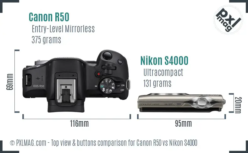 Canon R50 vs Nikon S4000 top view buttons comparison Canon R50 vs Nikon S4000 top view buttons comparison