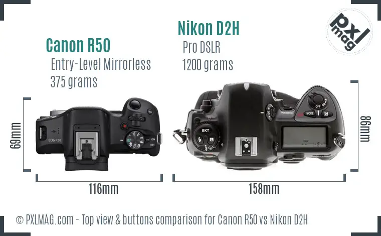 Canon R50 vs Nikon D2H top view buttons comparison Canon R50 vs Nikon D2H top view buttons comparison