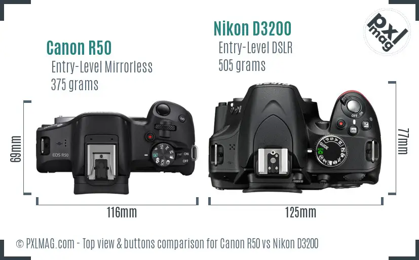 Canon R50 vs Nikon D3200 top view buttons comparison Canon R50 vs Nikon D3200 top view buttons comparison